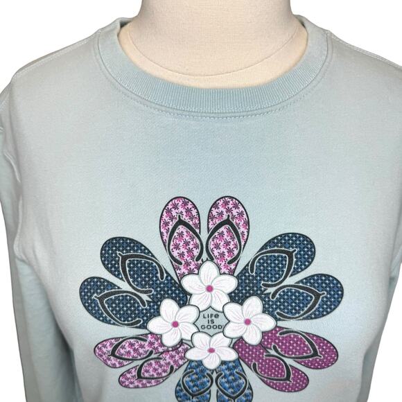 Life is Good Crewneck Graphic Sweatshirt Sz M Blue Daisy Flip-Flop Fleece Cotton - Picture 5 of 10